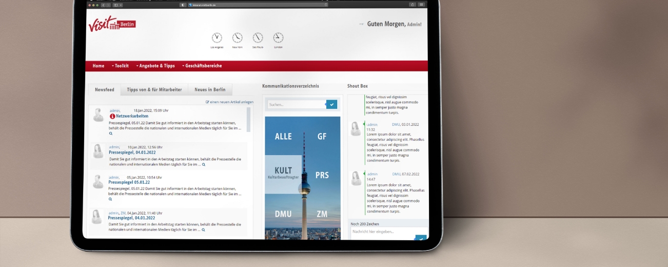 Startscreen des Intranet von VisitBerlin, dargestellt auf einem Tablet