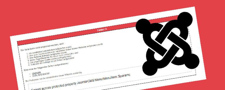 Eine Fehlermeldung auf rotem Grund mit einem schwarzen Joomla Logo im Vordergrund