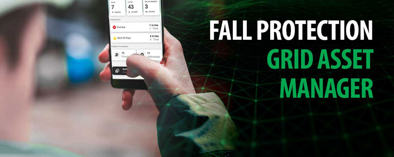 Banner mit der Software "Fall Protection – Grid Asset Manager", zu sehen auf einem Telefon in einer Hand, sowie dem Namen des Programmes und einem Netz aus grünen Linien und Punkten