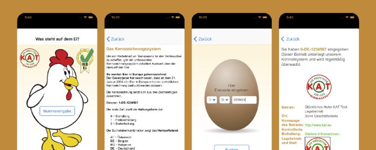 4 Software Screens für die Software "Was steht auf dem Ei" auf einem braunen Hintergrund