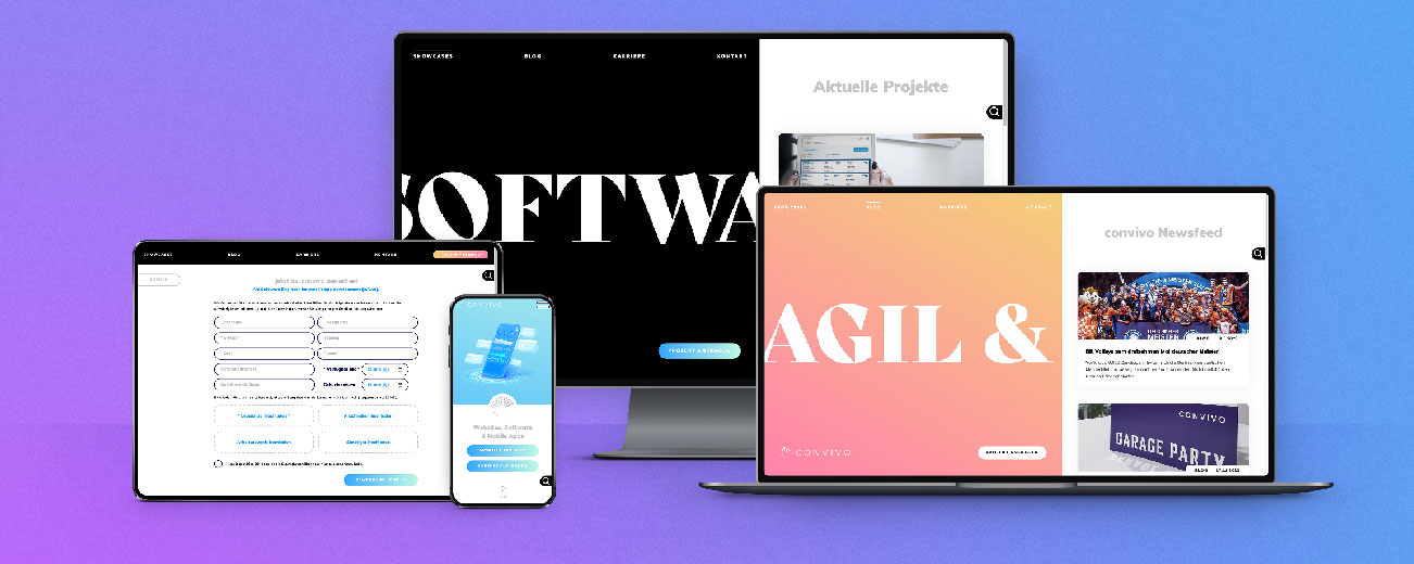 Responsive Webdesign & Webdevelopment der neuen convivo Website, zu sehen in einem Tablet, einem Smartphone, einem Laptop Screen und einem Computerbildschirm
