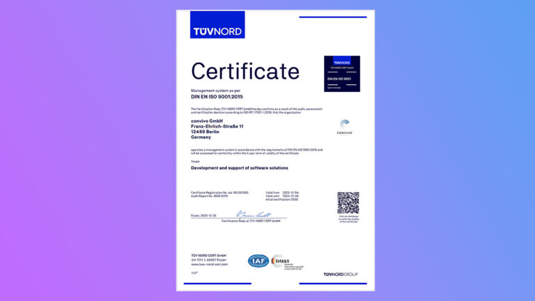 Zertifikat mit Briefkopf des TÜV Nord über die Zertifizierung DIN EN ISO 9001:2015
