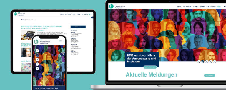 Responsive Webdesign der neuen Website für den Handelsverband Deutschland, das Frontend der Starseite und der Artikelübersicht ist in einem Telefon, einem Tablet und einem Laptop Screen zu sehen